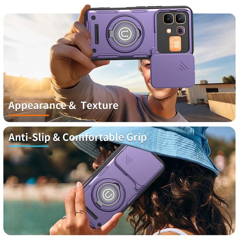For Infinix Note 60 5G  /  60 Pro 5G Case with Slide Camera Cover Ring Kickstand PC + TPU Phone Shell - Purple