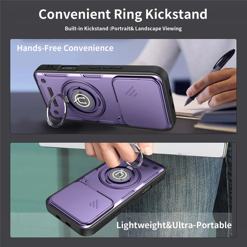 For Infinix Note 60 5G  /  60 Pro 5G Case with Slide Camera Cover Ring Kickstand PC + TPU Phone Shell - Purple