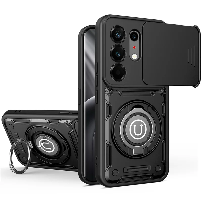 Für TECNO Camon 50 Pro 4G / 50 Pro 5G / 50 Ultra 5G Hülle mit schiebbarer Kamerabedeckung, Ring-Ständer PC + TPU Handyhülle - Schwarz