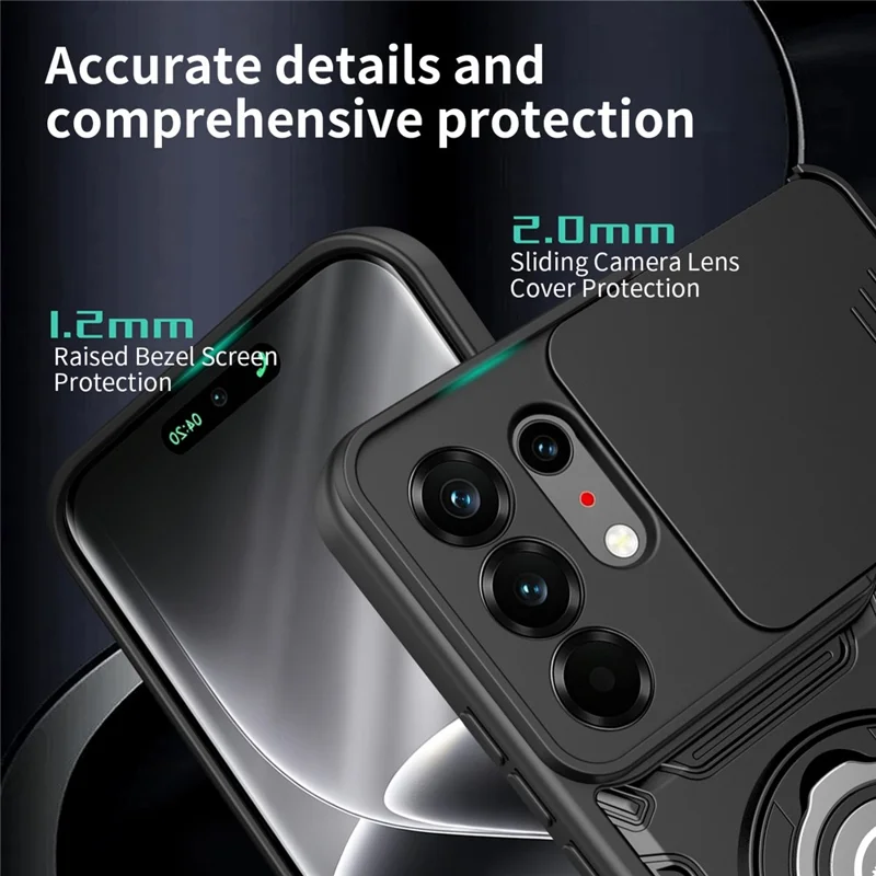 Für TECNO Camon 50 Pro 4G / 50 Pro 5G / 50 Ultra 5G Hülle mit schiebbarer Kamerabedeckung, Ring-Ständer PC + TPU Handyhülle - Schwarz