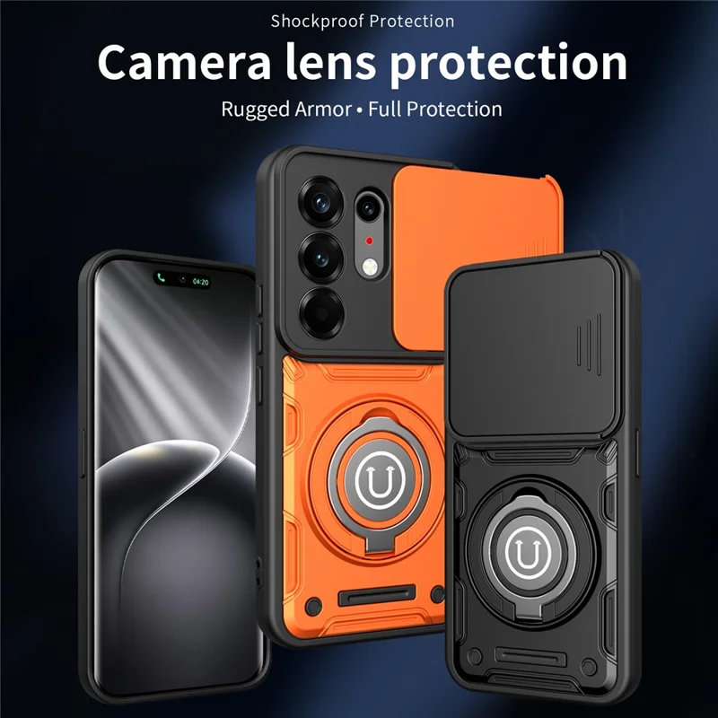 Für TECNO Camon 50 Pro 4G / 50 Pro 5G / 50 Ultra 5G Hülle mit schiebbarer Kamerabedeckung, Ring-Ständer PC + TPU Handyhülle - Schwarz