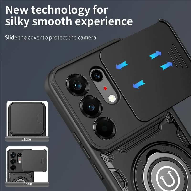 Für TECNO Camon 50 Pro 4G / 50 Pro 5G / 50 Ultra 5G Hülle mit schiebbarer Kamerabedeckung, Ring-Ständer PC + TPU Handyhülle - Schwarz