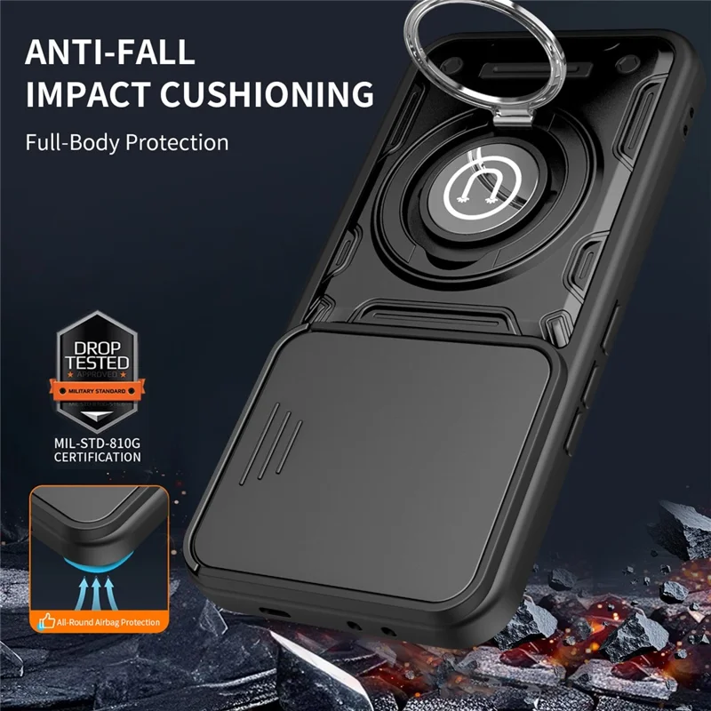 Für TECNO Camon 50 Pro 4G / 50 Pro 5G / 50 Ultra 5G Hülle mit schiebbarer Kamerabedeckung, Ring-Ständer PC + TPU Handyhülle - Schwarz