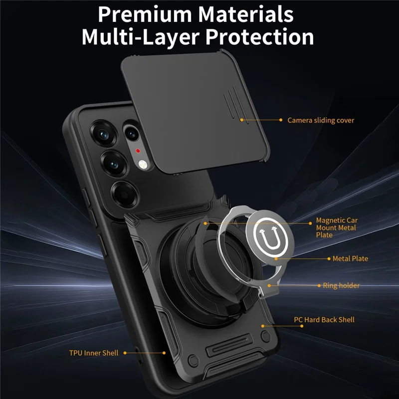 Für TECNO Camon 50 Pro 4G / 50 Pro 5G / 50 Ultra 5G Hülle mit schiebbarer Kamerabedeckung, Ring-Ständer PC + TPU Handyhülle - Schwarz