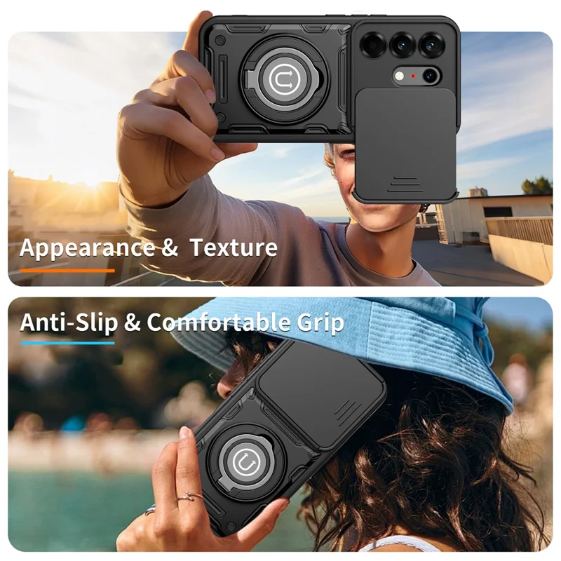 Für TECNO Camon 50 Pro 4G / 50 Pro 5G / 50 Ultra 5G Hülle mit schiebbarer Kamerabedeckung, Ring-Ständer PC + TPU Handyhülle - Schwarz
