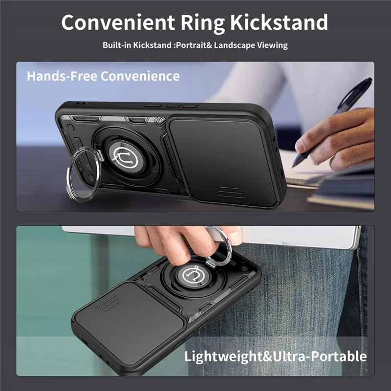 Für TECNO Camon 50 Pro 4G / 50 Pro 5G / 50 Ultra 5G Hülle mit schiebbarer Kamerabedeckung, Ring-Ständer PC + TPU Handyhülle - Schwarz