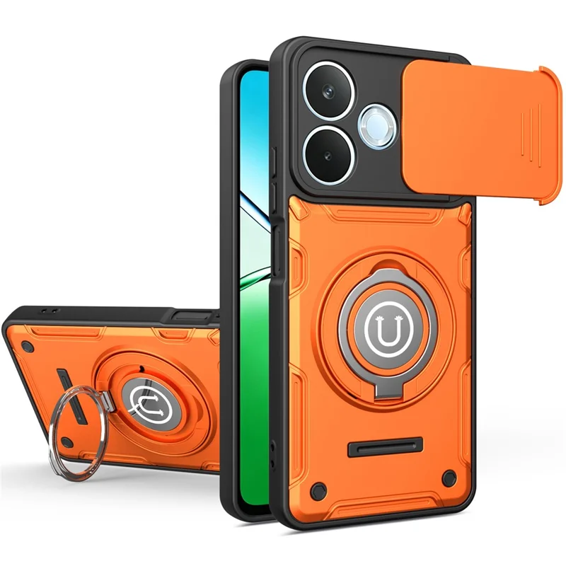 Til Honor 600 Lite 5G hylse med skydelinse, ringstativ, PC + TPU telefonhylse - Orange