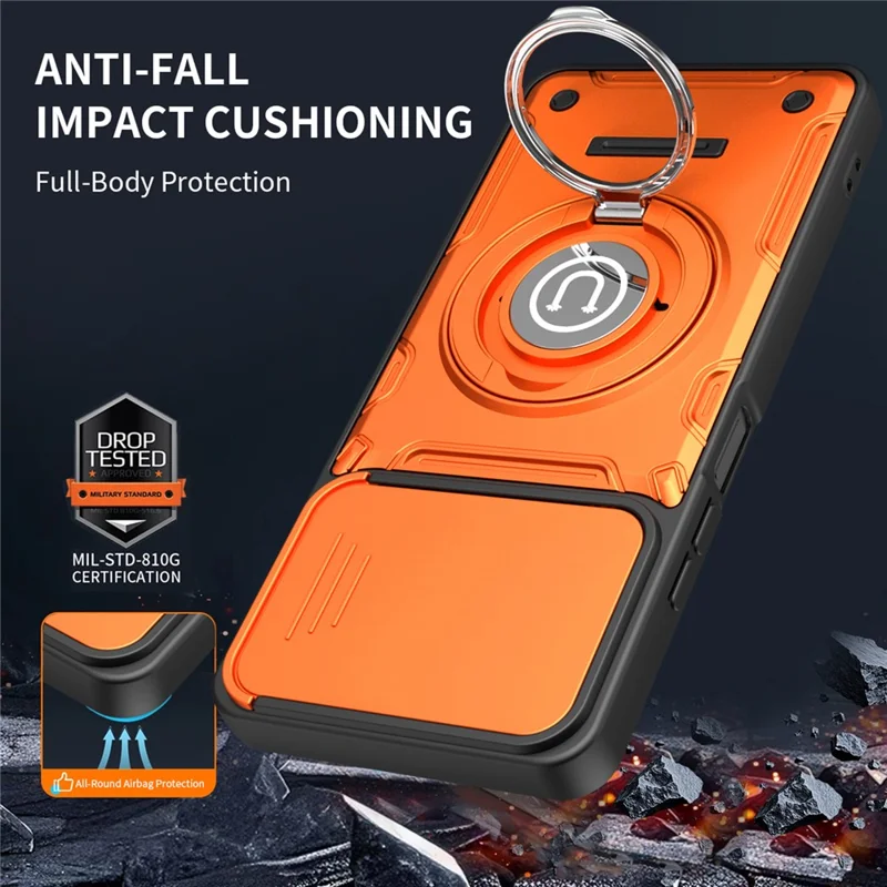 Til Honor 600 Lite 5G hylse med skydelinse, ringstativ, PC + TPU telefonhylse - Orange