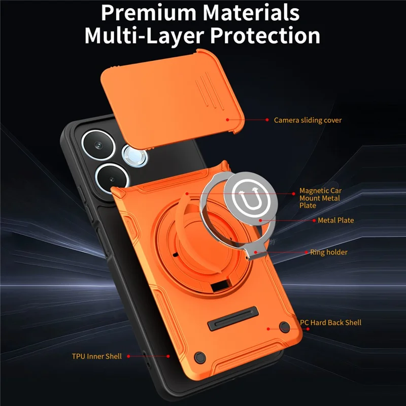 Til Honor 600 Lite 5G hylse med skydelinse, ringstativ, PC + TPU telefonhylse - Orange
