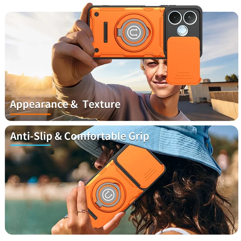 Til Honor 600 Lite 5G hylse med skydelinse, ringstativ, PC + TPU telefonhylse - Orange