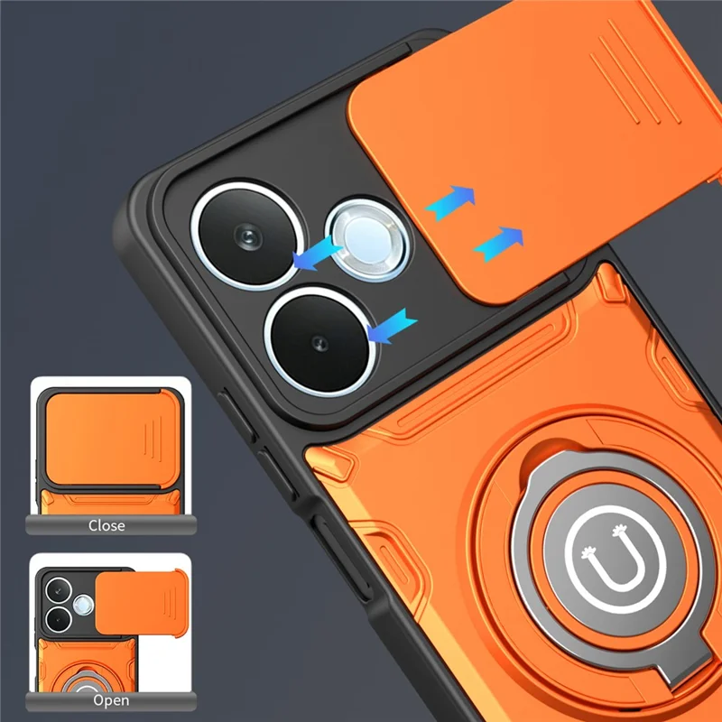 Til Honor 600 Lite 5G hylse med skydelinse, ringstativ, PC + TPU telefonhylse - Orange