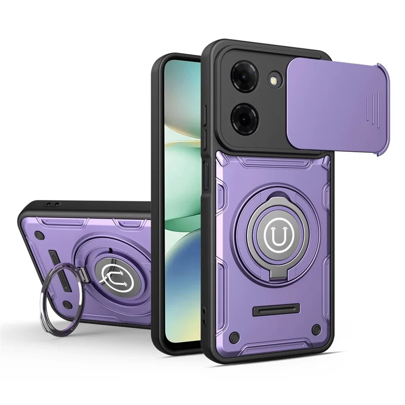 For Xiaomi Redmi Turbo 5 5G  /  Poco X8 Pro 5G Case with Slide Camera Cover Ring Kickstand PC + TPU Phone Shell - Purple