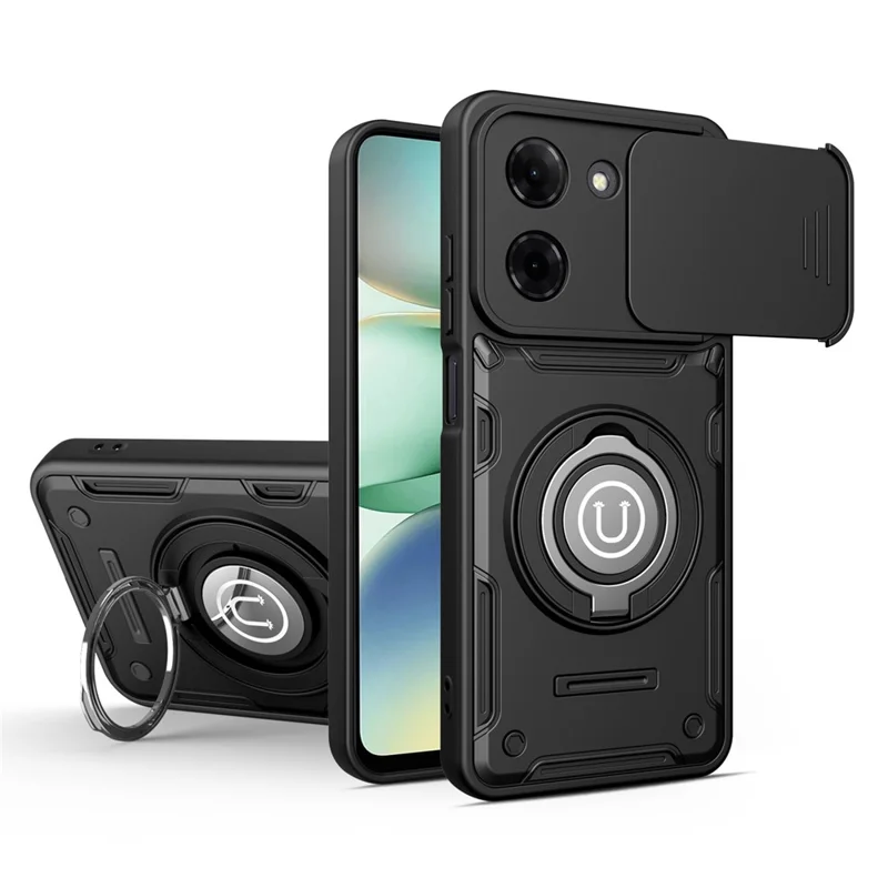 For Xiaomi Redmi Turbo 5 5G  /  Poco X8 Pro 5G Case with Slide Camera Cover Ring Kickstand PC + TPU Phone Shell - Black