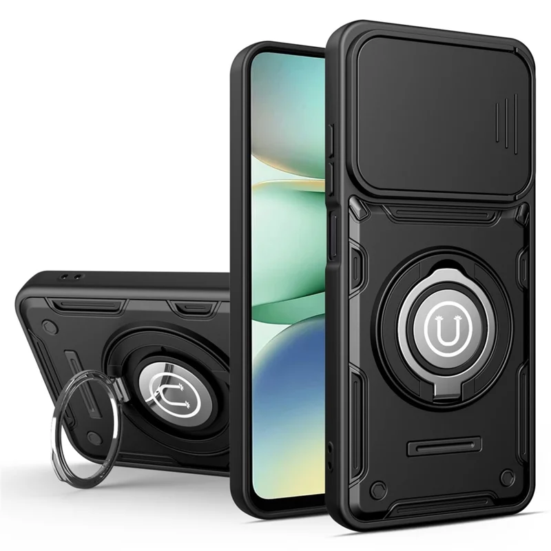 For Xiaomi Redmi Turbo 5 5G  /  Poco X8 Pro 5G Case with Slide Camera Cover Ring Kickstand PC + TPU Phone Shell - Black
