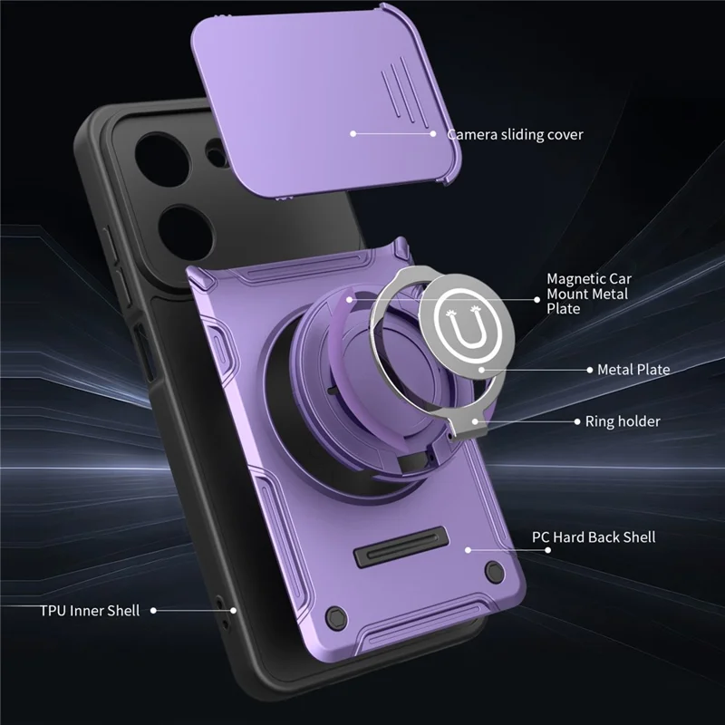 For Xiaomi Redmi Turbo 5 5G  /  Poco X8 Pro 5G Case with Slide Camera Cover Ring Kickstand PC + TPU Phone Shell - Black