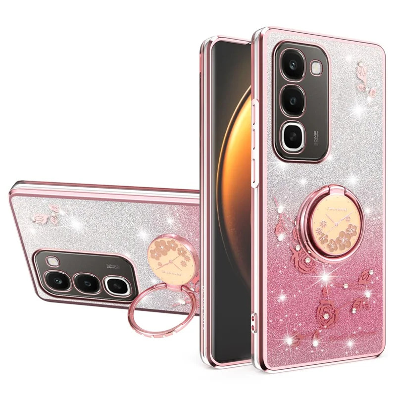 KADEM For Realme C100 4G Case Ring Kickstand TPU Flowers Phone Cover Gradient Glitter - Rose Gold