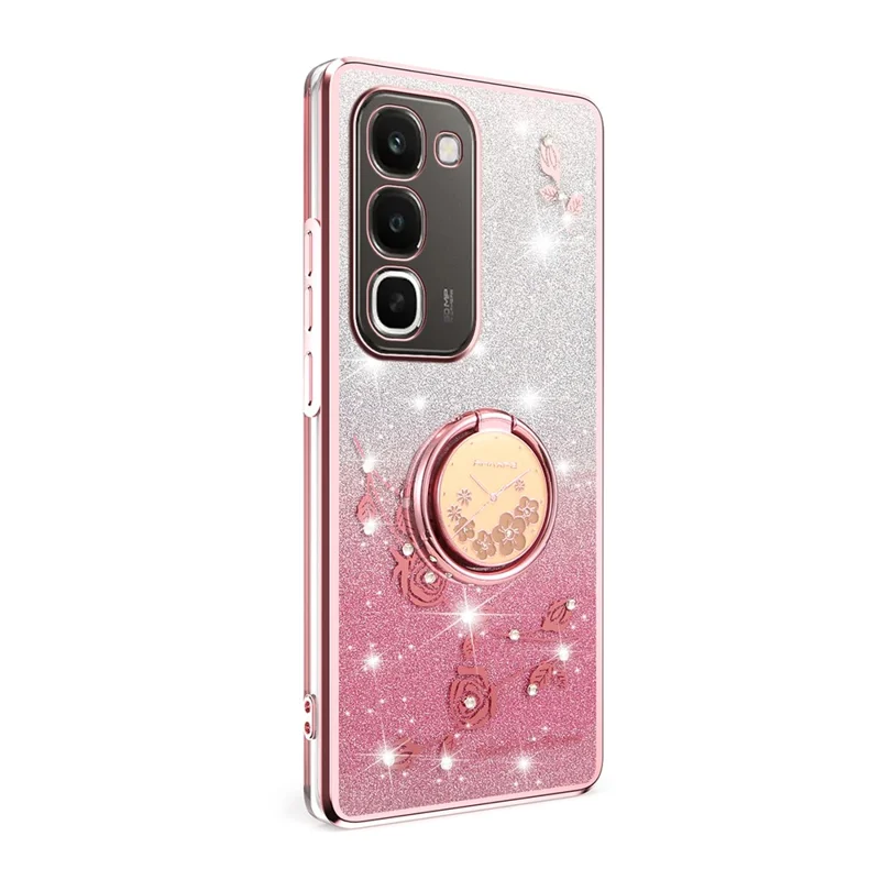 KADEM For Realme C100 4G Case Ring Kickstand TPU Flowers Phone Cover Gradient Glitter - Rose Gold