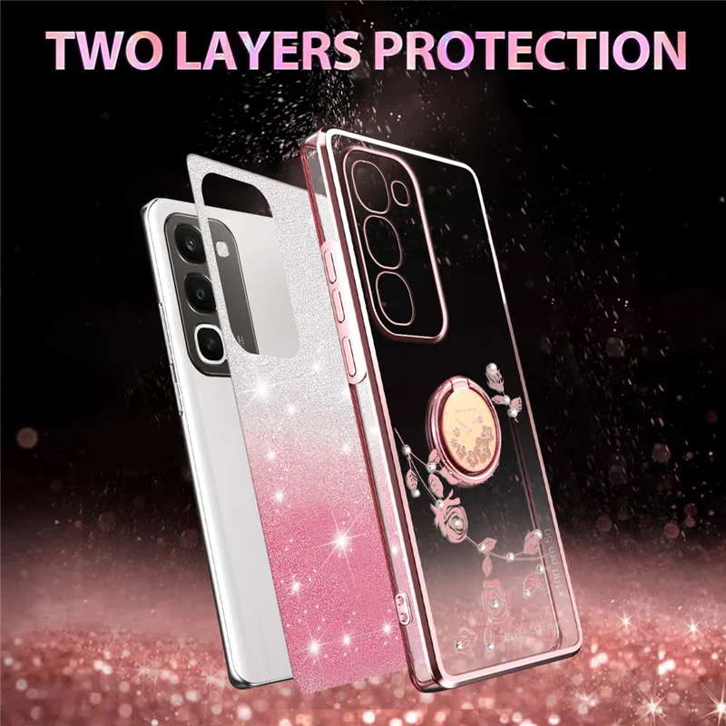 KADEM For Realme C100 4G Case Ring Kickstand TPU Flowers Phone Cover Gradient Glitter - Rose Gold
