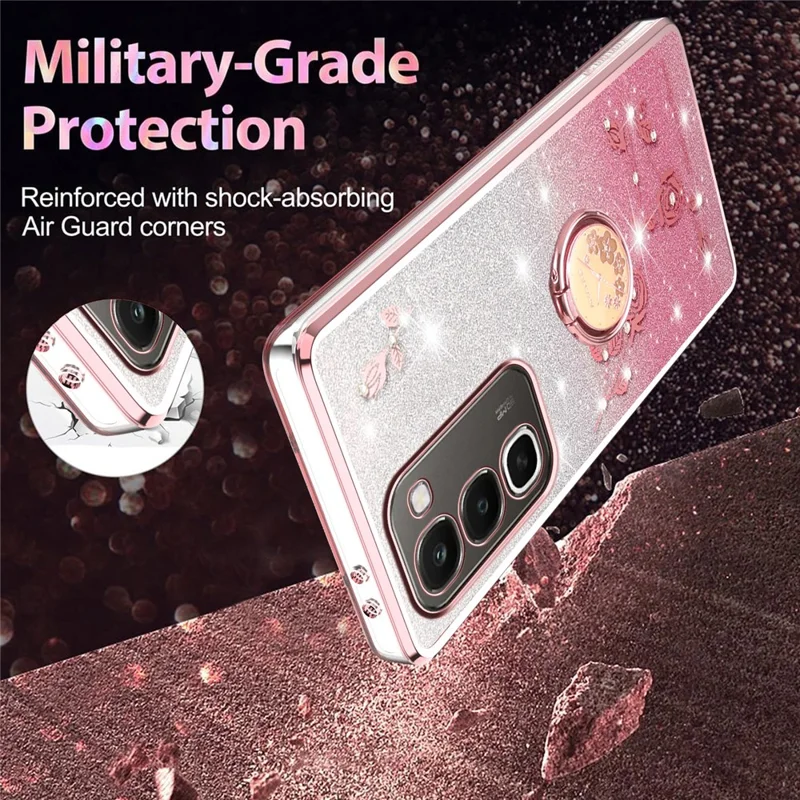 KADEM For Realme C100 4G Case Ring Kickstand TPU Flowers Phone Cover Gradient Glitter - Rose Gold