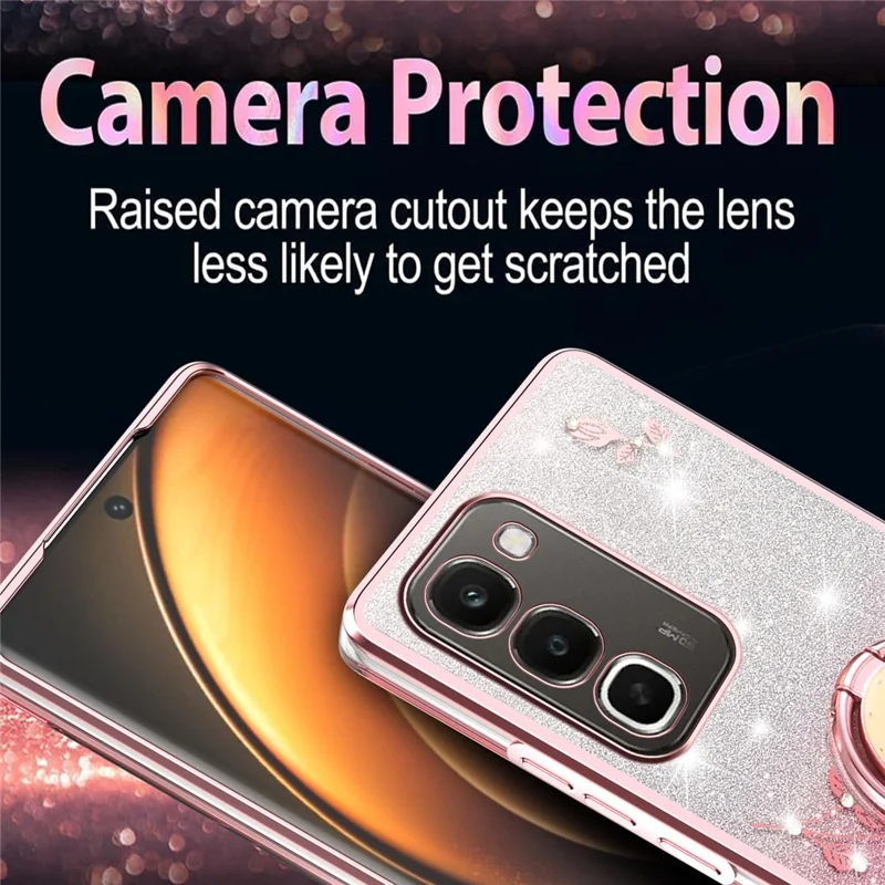 KADEM For Realme C100 4G Case Ring Kickstand TPU Flowers Phone Cover Gradient Glitter - Rose Gold