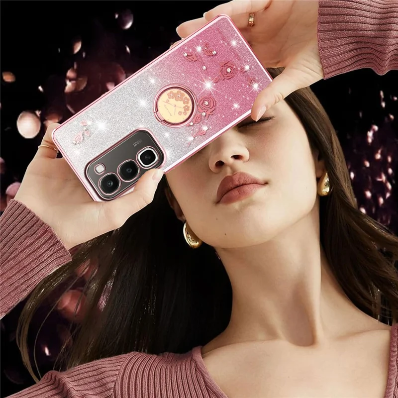 KADEM For Realme C100 4G Case Ring Kickstand TPU Flowers Phone Cover Gradient Glitter - Rose Gold