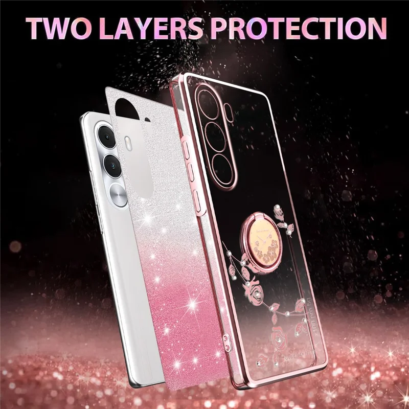 KADEM til Realme C100i 4G hylster med ring og kickstand af TPU med blomstermønster, gradient glitzer - Rosenød