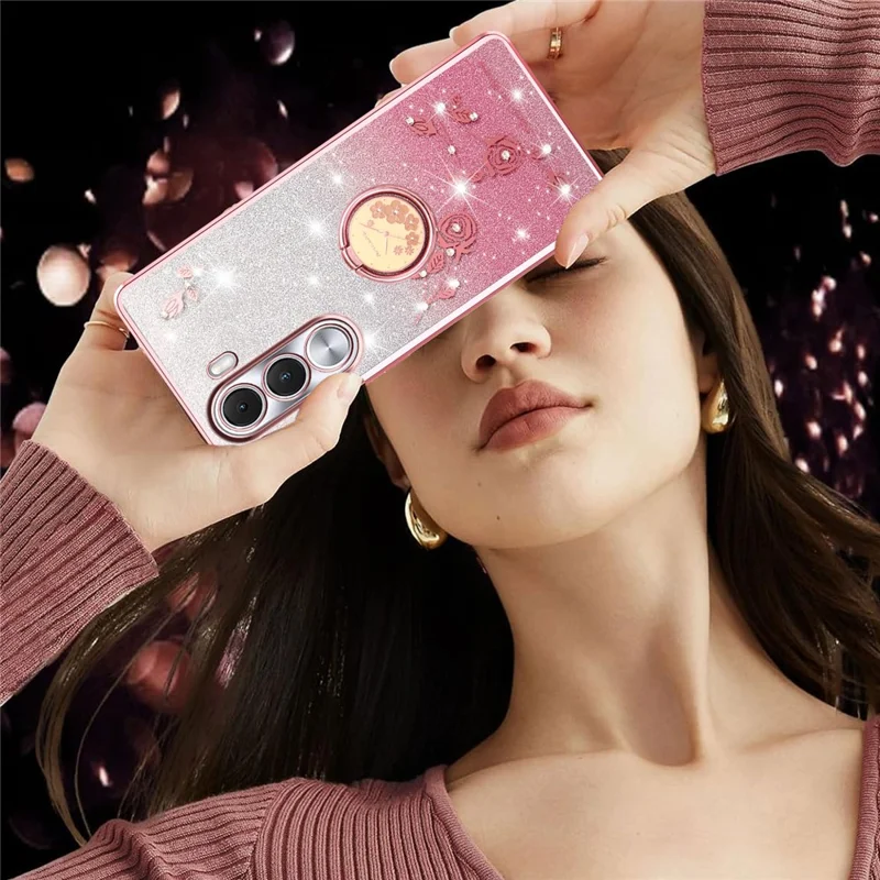 KADEM til Realme C100i 4G hylster med ring og kickstand af TPU med blomstermønster, gradient glitzer - Rosenød