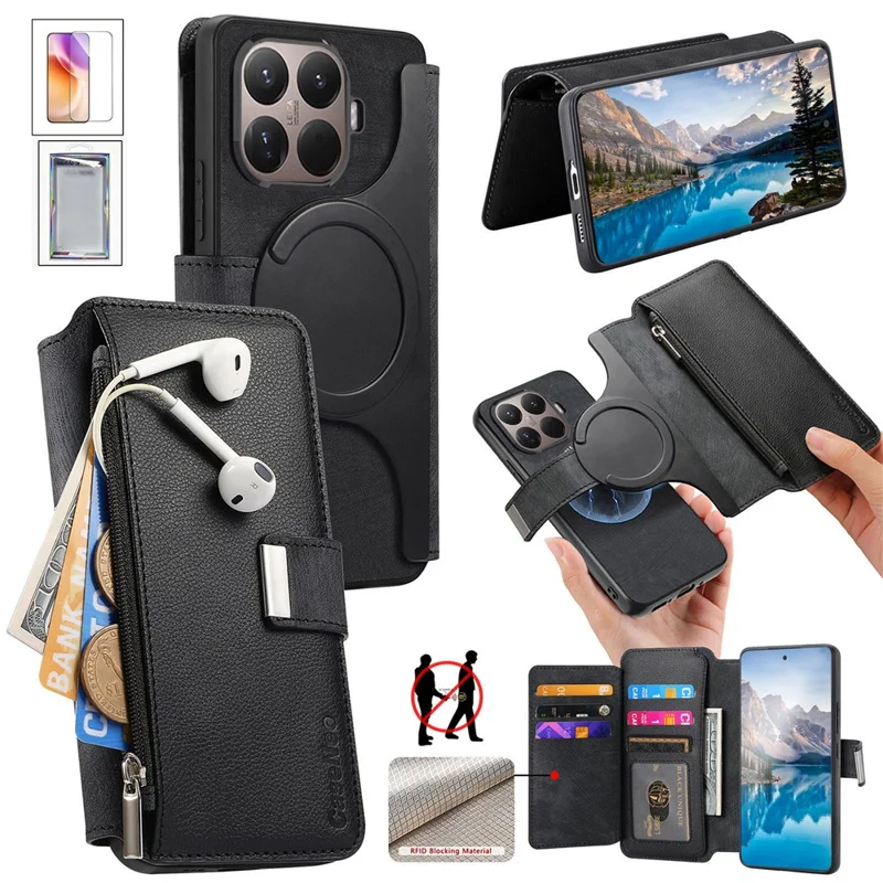 CASENEO for Xiaomi 17T Case Detachable Magnetic RFID Blocking Leather Phone Cover with Tempered Glass Screen Protector - Black