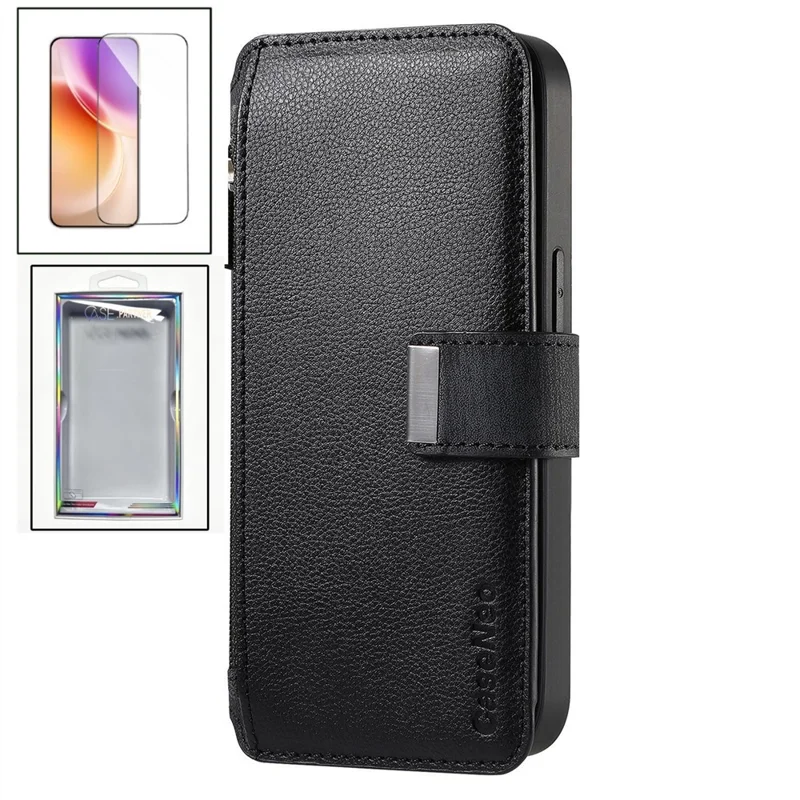 CASENEO for Xiaomi 17T Case Detachable Magnetic RFID Blocking Leather Phone Cover with Tempered Glass Screen Protector - Black