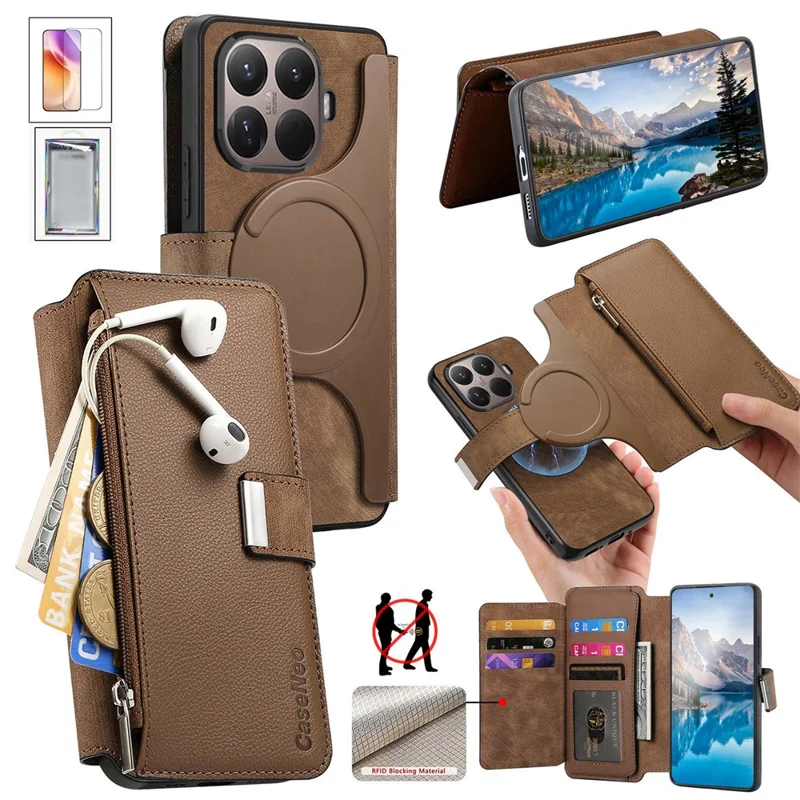 CASENEO for Xiaomi 17T Case Detachable Magnetic RFID Blocking Leather Phone Cover with Tempered Glass Screen Protector - Brown
