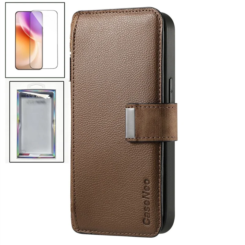 CASENEO for Xiaomi 17T Case Detachable Magnetic RFID Blocking Leather Phone Cover with Tempered Glass Screen Protector - Brown