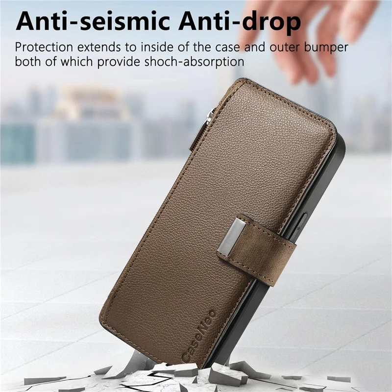 CASENEO for Xiaomi 17T Case Detachable Magnetic RFID Blocking Leather Phone Cover with Tempered Glass Screen Protector - Brown
