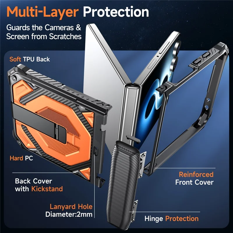 Obudowa do Samsung Galaxy Z Flip8 z podpórką kickstand, ochroną zawiasu, odporna, PC + TPU - Pomarańczowy