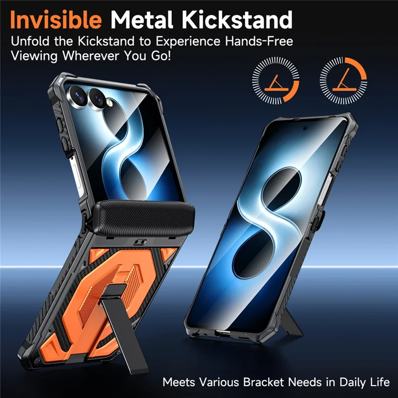 Obudowa do Samsung Galaxy Z Flip8 z podpórką kickstand, ochroną zawiasu, odporna, PC + TPU - Pomarańczowy