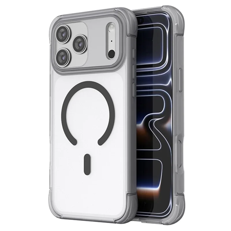 Cover magnetico per iPhone 17 Pro Max con rivestimento tattile in PC + protezione Airbag in TPU - Grigio+Nero