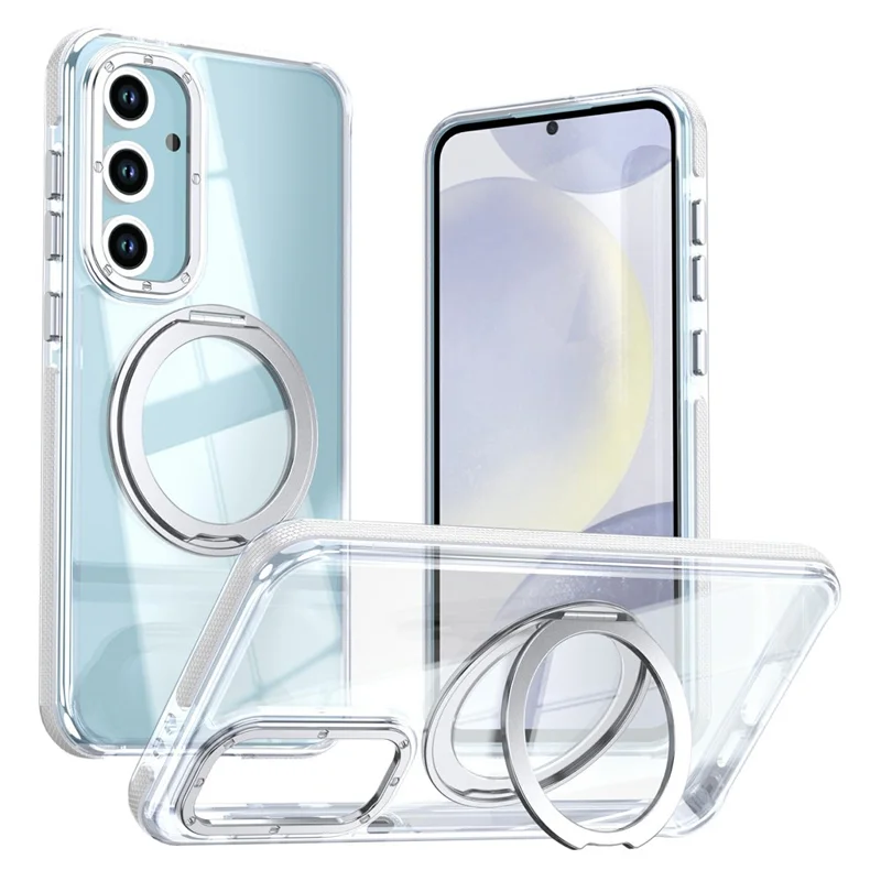 Чехол магнитный для Samsung Galaxy S26 FE двухцветный с поворотным кольцом-подставкой PC + TPU - белый