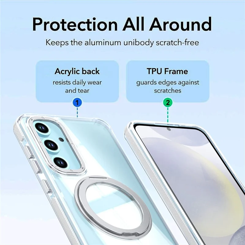 Чехол магнитный для Samsung Galaxy S26 FE двухцветный с поворотным кольцом-подставкой PC + TPU - белый