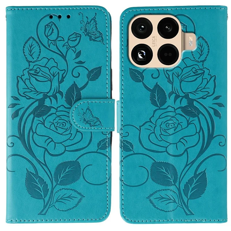 For Xiaomi 17T Pro Case Wallet Stand Imprinted Rose Butterfly PU Leather Phone Cover - Blue