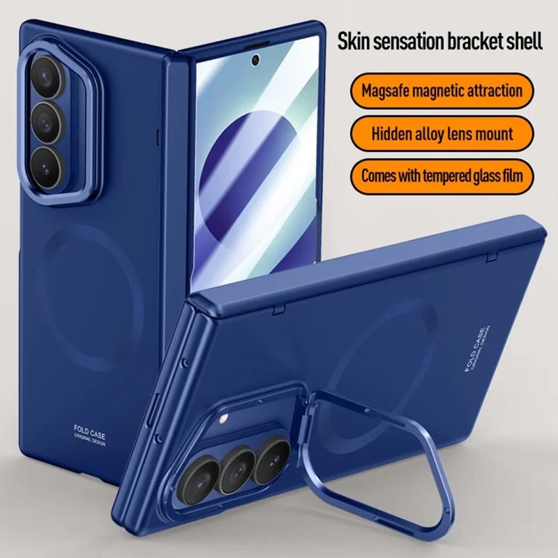For Samsung Galaxy Z Fold8 Ultra Magnetic Case Hard PC Phone Cover with HD Tempered Glass Film, Lens Kickstand - Blue