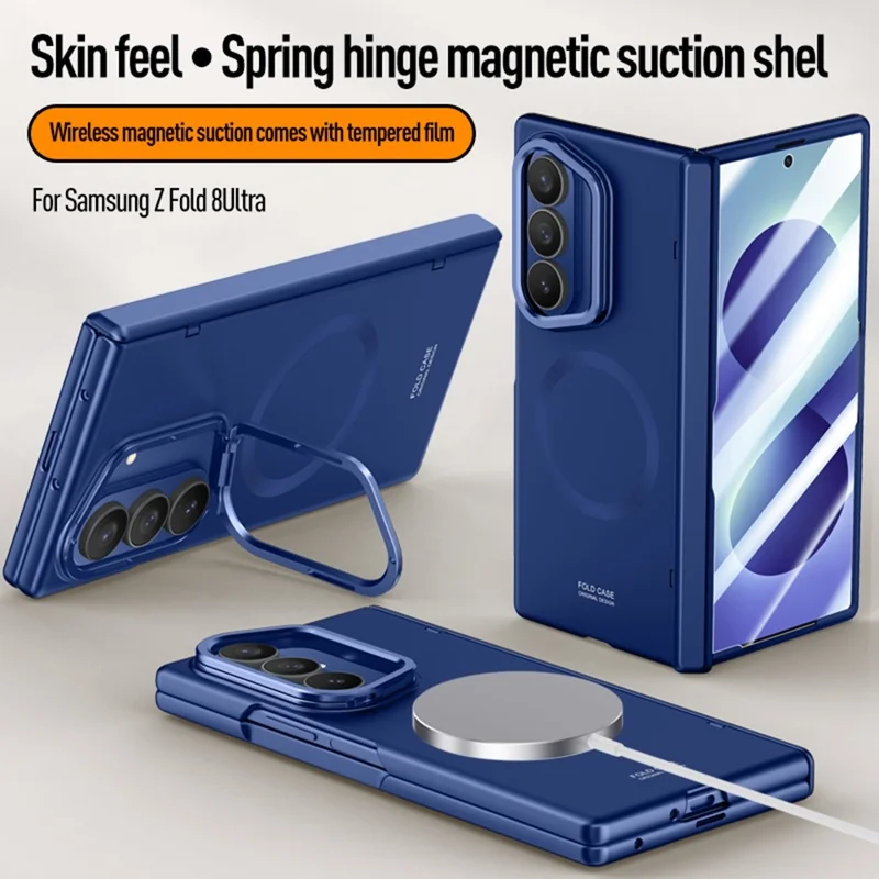 For Samsung Galaxy Z Fold8 Ultra Magnetic Case Hard PC Phone Cover with HD Tempered Glass Film, Lens Kickstand - Blue