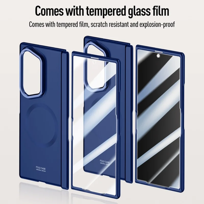 For Samsung Galaxy Z Fold8 Ultra Magnetic Case Hard PC Phone Cover with HD Tempered Glass Film, Lens Kickstand - Blue