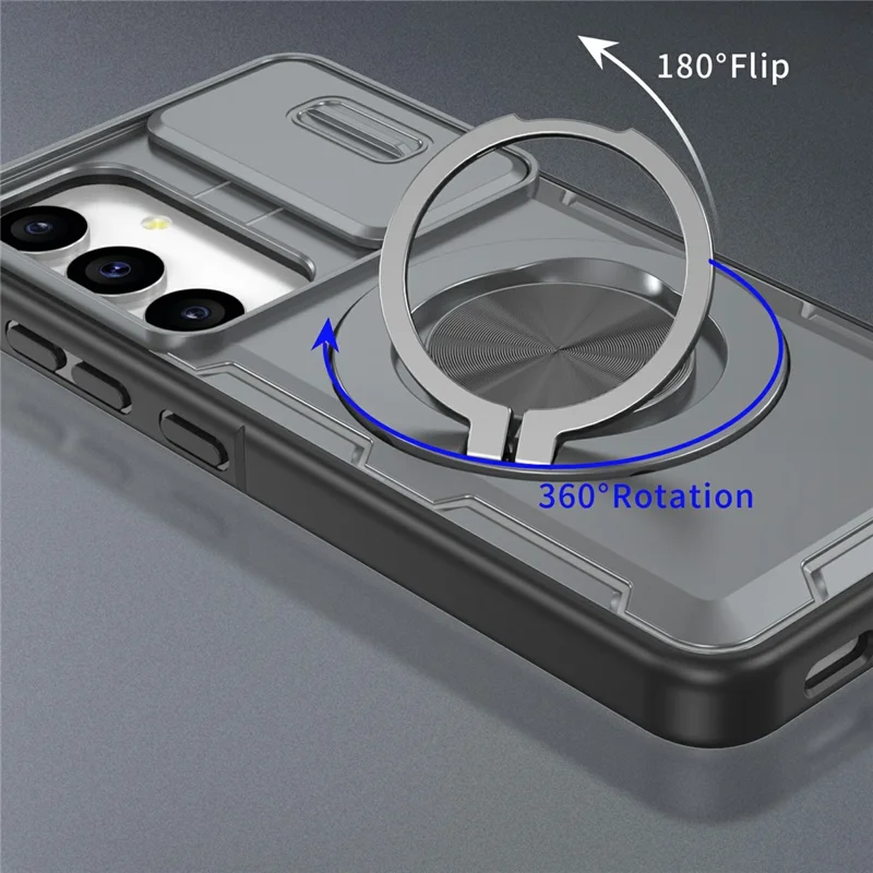 Cover magnetica per Samsung Galaxy S24 / S25 con chiusura a scorrimento, protezione per fotocamera, supporto girevole 360°, custodia in PC + TPU - Grigio