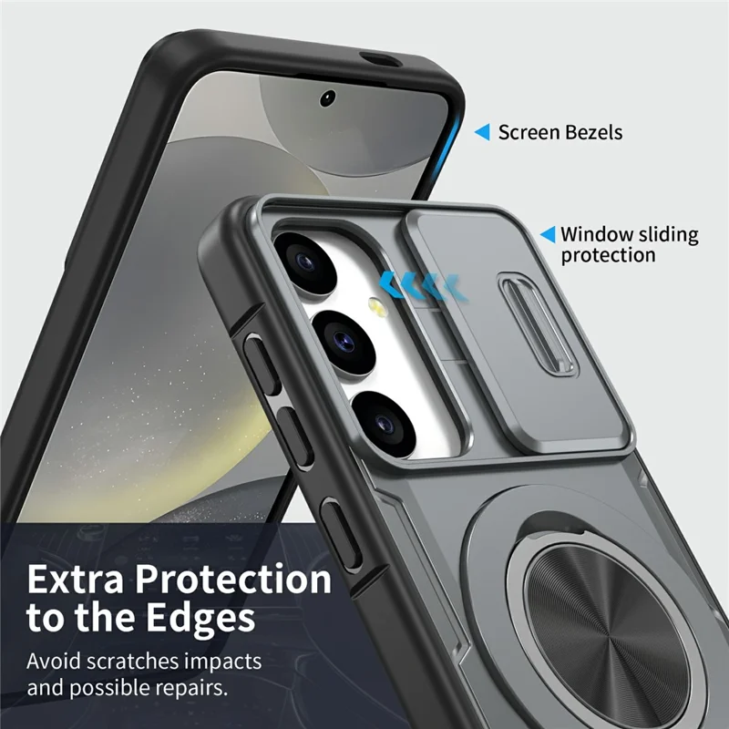 Cover magnetica per Samsung Galaxy S24 / S25 con chiusura a scorrimento, protezione per fotocamera, supporto girevole 360°, custodia in PC + TPU - Grigio