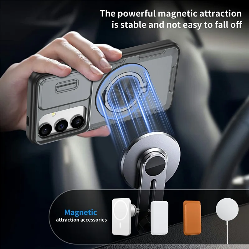 Cover magnetica per Samsung Galaxy S24 / S25 con chiusura a scorrimento, protezione per fotocamera, supporto girevole 360°, custodia in PC + TPU - Grigio