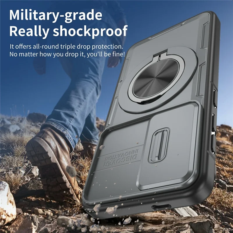 Cover magnetica per Samsung Galaxy S24 / S25 con chiusura a scorrimento, protezione per fotocamera, supporto girevole 360°, custodia in PC + TPU - Grigio