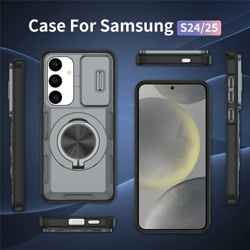 Cover magnetica per Samsung Galaxy S24 / S25 con chiusura a scorrimento, protezione per fotocamera, supporto girevole 360°, custodia in PC + TPU - Grigio