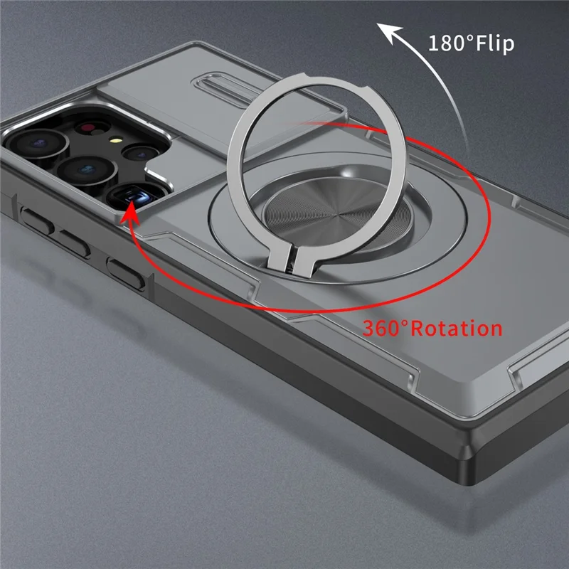 Capa Magnética para Samsung Galaxy S23 Ultra com Tampa de Câmara Deslizante, Suporte Giratório, Capa em PC + TPU - Cinzento