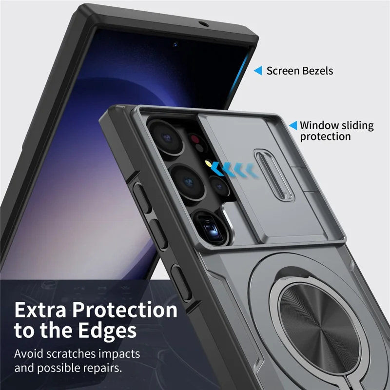 Capa Magnética para Samsung Galaxy S23 Ultra com Tampa de Câmara Deslizante, Suporte Giratório, Capa em PC + TPU - Cinzento