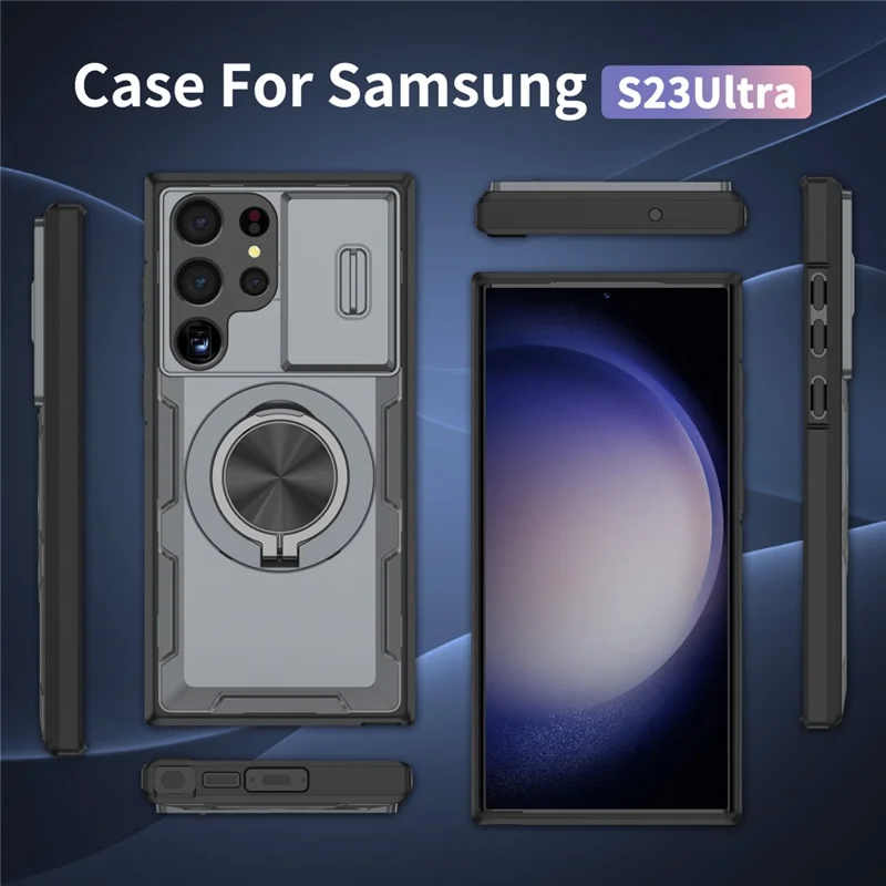 Capa Magnética para Samsung Galaxy S23 Ultra com Tampa de Câmara Deslizante, Suporte Giratório, Capa em PC + TPU - Cinzento
