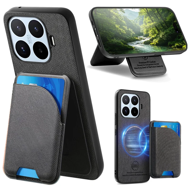 For Xiaomi 17T Pro Magnetic Case Cloth Texture Leather + PC + TPU Phone Cover with Detachable Card Holder - Black